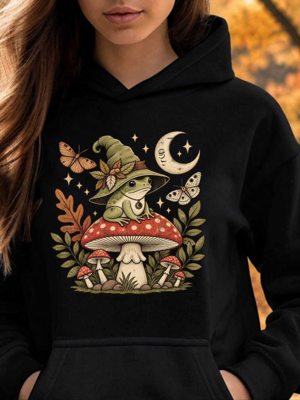 Magical Frog On Toadstool HOODIE Graphic Sweatshirt Whimsy Forest Moth Moon